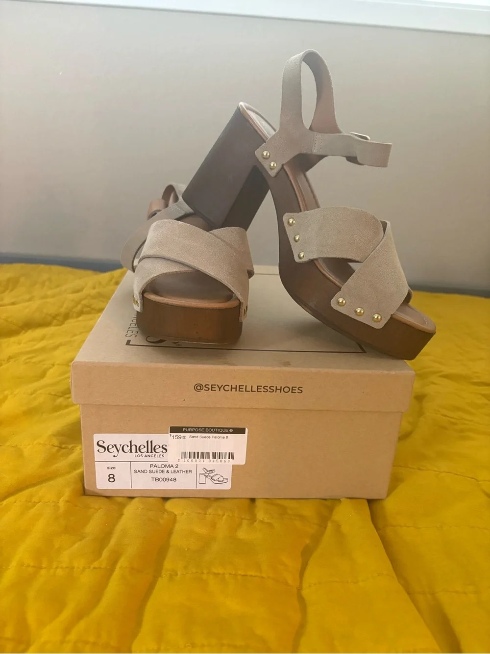 Seychelles Beige Suede Platform Sandals with Gold Studs